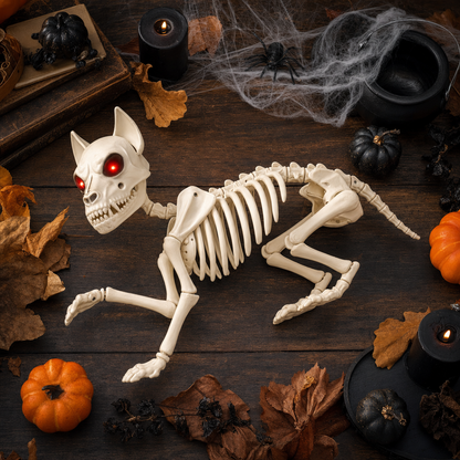 Possessed Skeleton Dog Halloween Decoration Posable Full-Body Skeleton Puppy with Glowing Red E