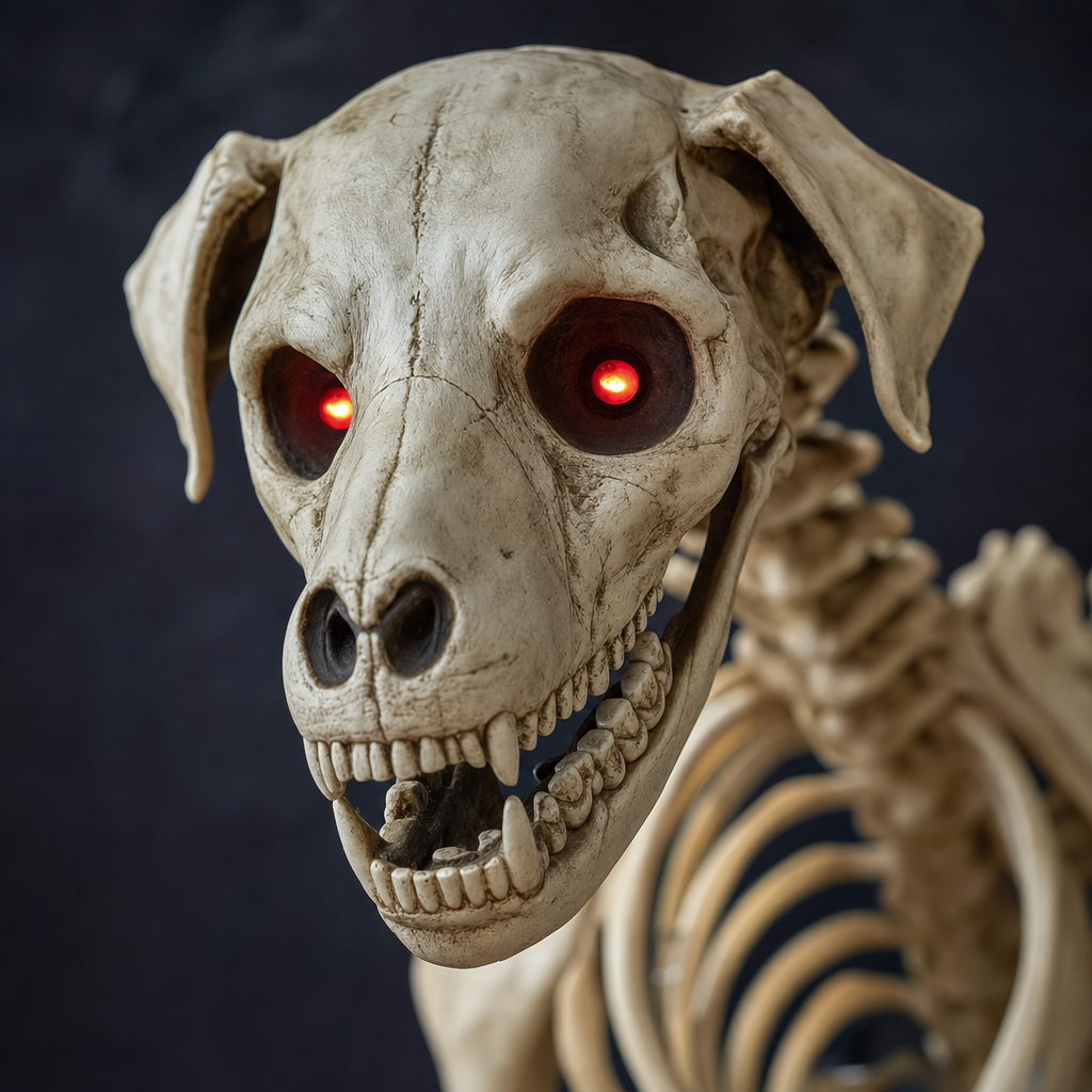 Possessed Skeleton Dog Halloween Decoration Posable Full-Body Skeleton Puppy with Glowing Red E