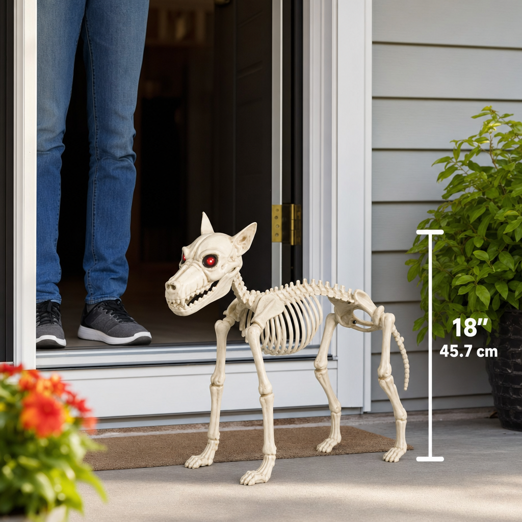 Possessed Skeleton Dog Halloween Decoration Posable Full-Body Skeleton Puppy with Glowing Red E