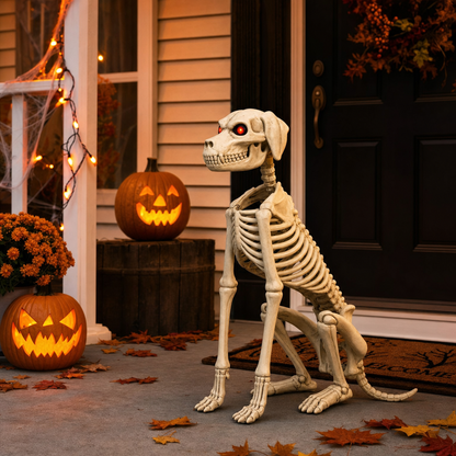 Possessed Skeleton Dog Halloween Decoration Posable Full-Body Skeleton Puppy with Glowing Red E