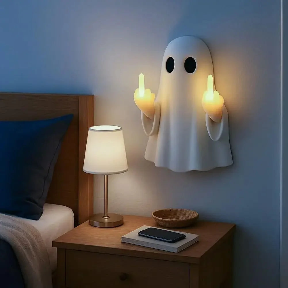 Halloween Ghost Middle Finger Glowing Night Light – Resin Spooky Desk Lamp for Porch, Bedroom, Balcony, Holiday Decor