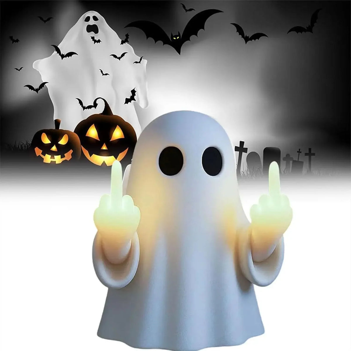 Halloween Ghost Middle Finger Glowing Night Light – Resin Spooky Desk Lamp for Porch, Bedroom, Balcony, Holiday Decor