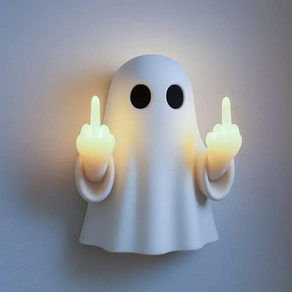 Halloween Ghost Middle Finger Glowing Night Light – Resin Spooky Desk Lamp for Porch, Bedroom, Balcony, Holiday Decor