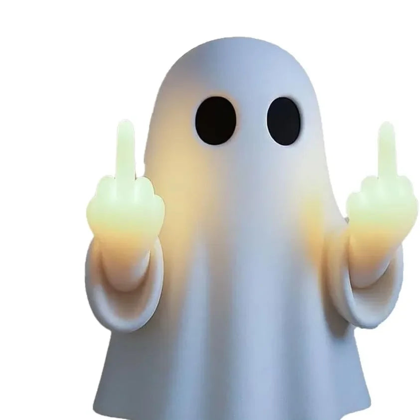 Halloween Ghost Middle Finger Glowing Night Light – Resin Spooky Desk Lamp for Porch, Bedroom, Balcony, Holiday Decor